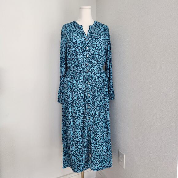 LOFT Dresses & Skirts - Vintage LOFT Blue Floral Long Sleeve Button Down A-Line Midi Dress L